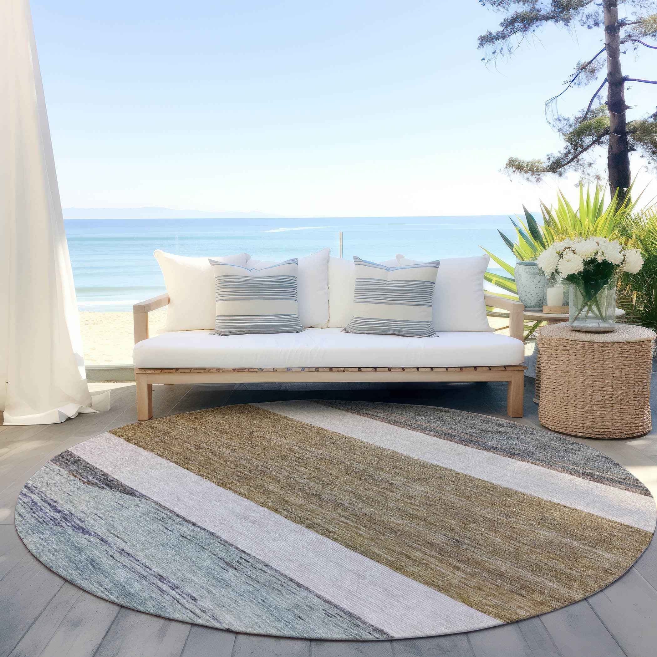 8' Brown Ivory And Blue Round Abstract Washable Indoor Outdoor Area Rug