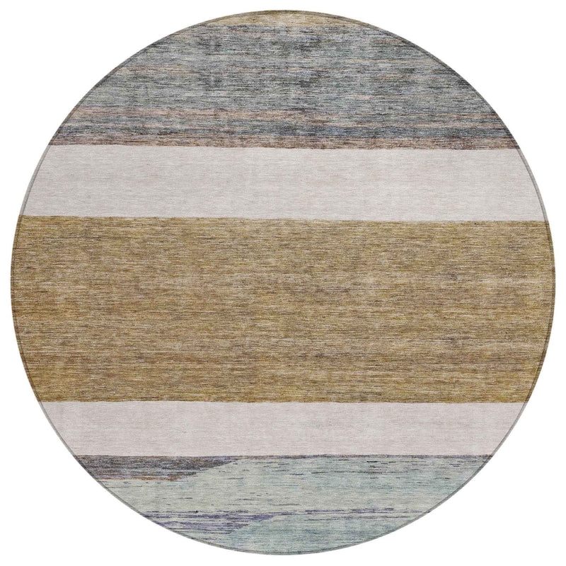 8' Brown Ivory And Blue Round Abstract Washable Indoor Outdoor Area Rug