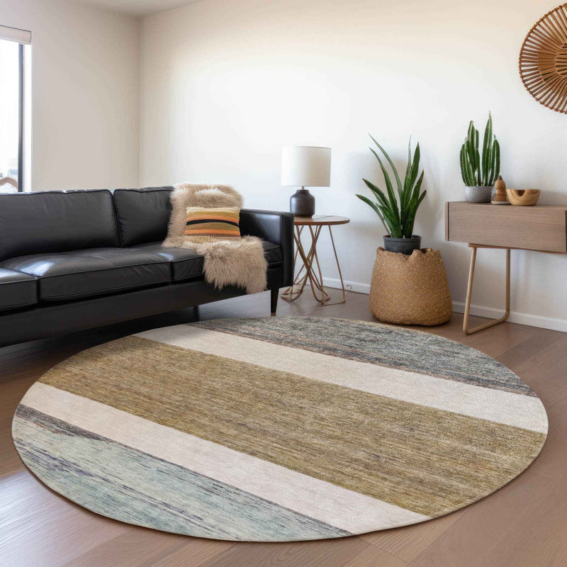 8' Brown Ivory And Blue Round Abstract Washable Indoor Outdoor Area Rug
