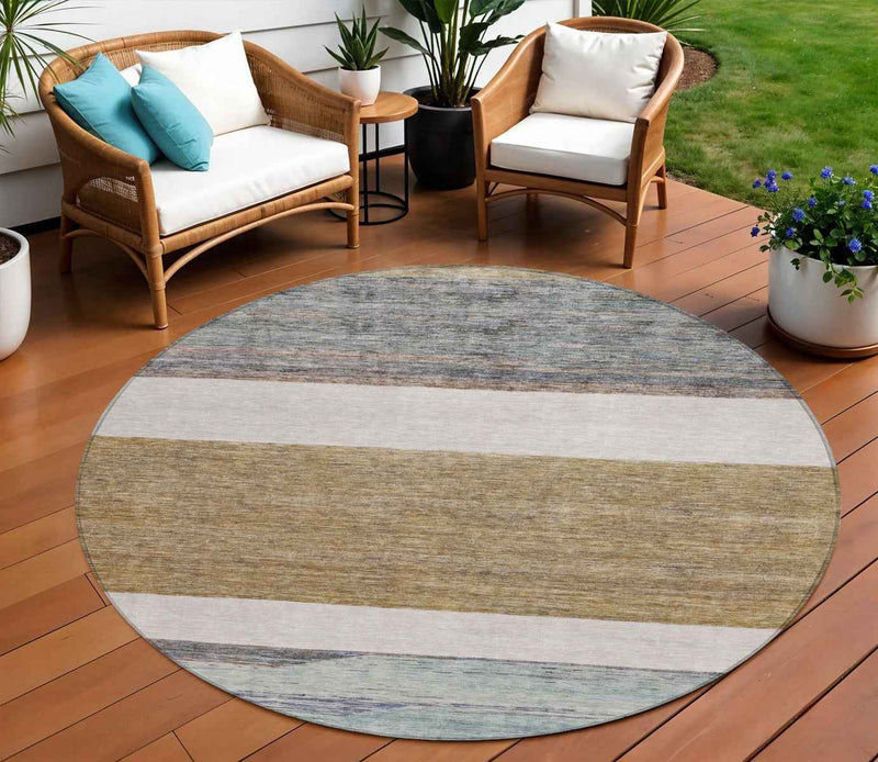 8' Brown Ivory And Blue Round Abstract Washable Indoor Outdoor Area Rug