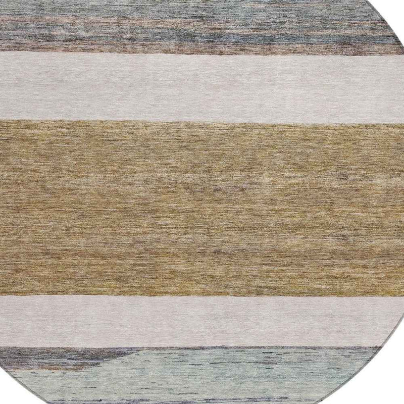 8' Brown Ivory And Blue Round Abstract Washable Indoor Outdoor Area Rug