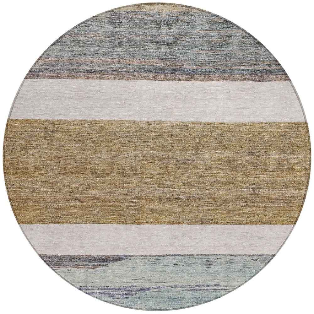 8' Brown Ivory And Blue Round Abstract Washable Indoor Outdoor Area Rug