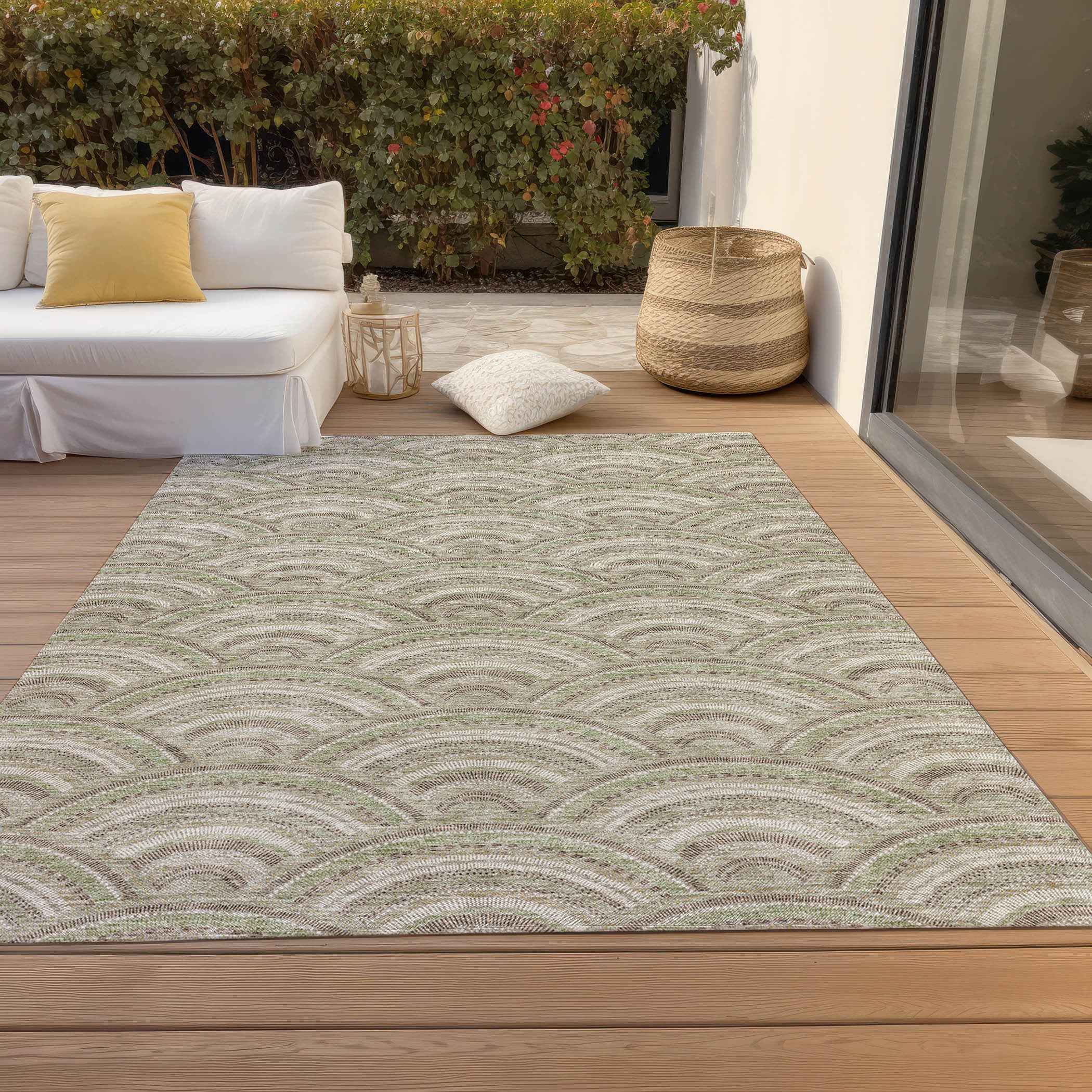 3' X 5' Taupe Fern Green And Ivory Geometric Washable Indoor Outdoor Area Rug