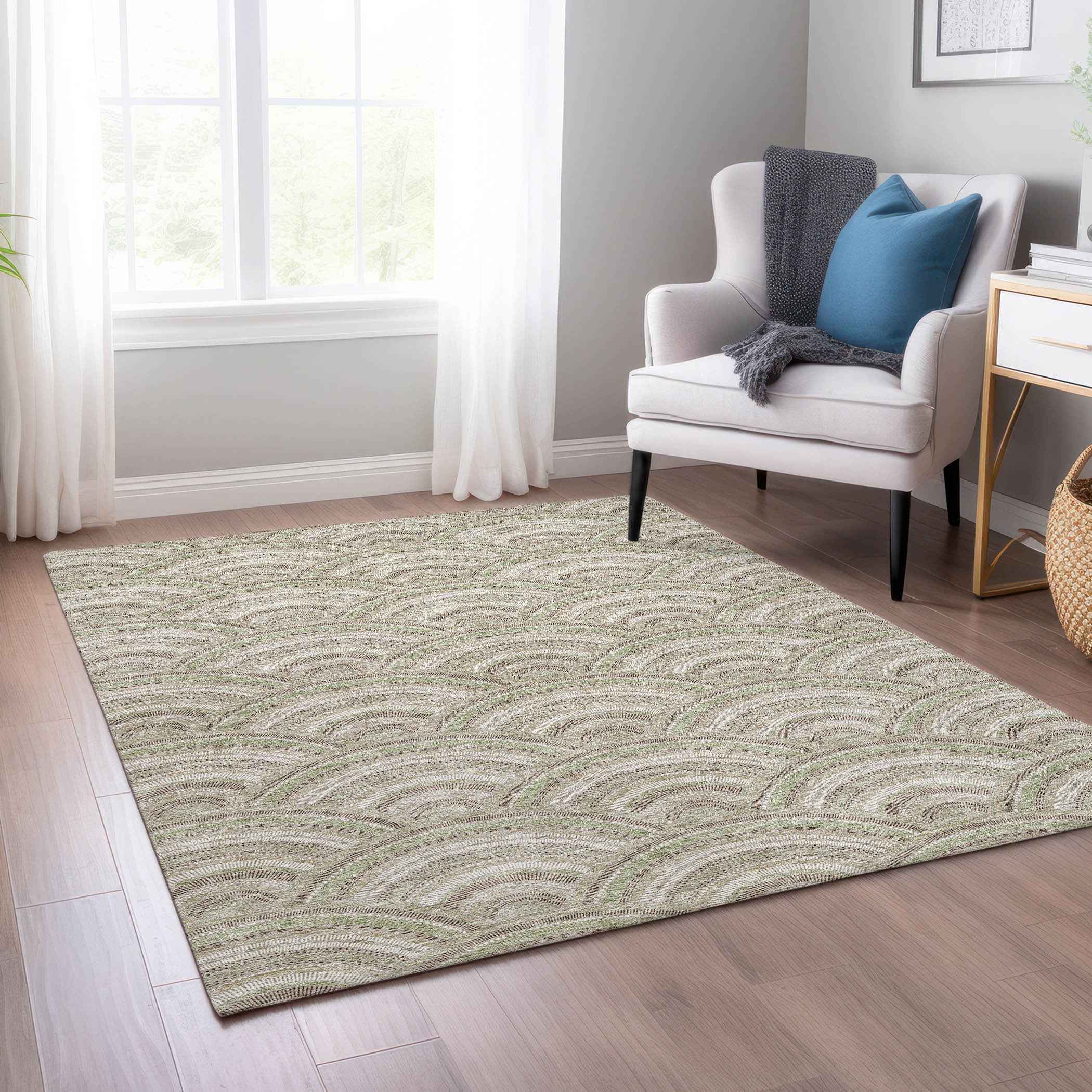 3' X 5' Taupe Fern Green And Ivory Geometric Washable Indoor Outdoor Area Rug