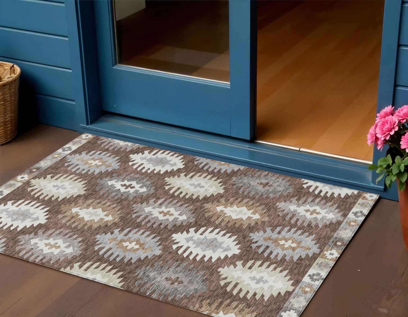 3' X 5' Brown Ivory And Taupe Southwestern Washable Indoor Outdoor Area Rug