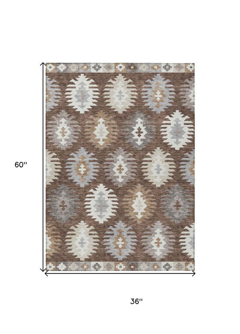 3' X 5' Brown Ivory And Taupe Southwestern Washable Indoor Outdoor Area Rug