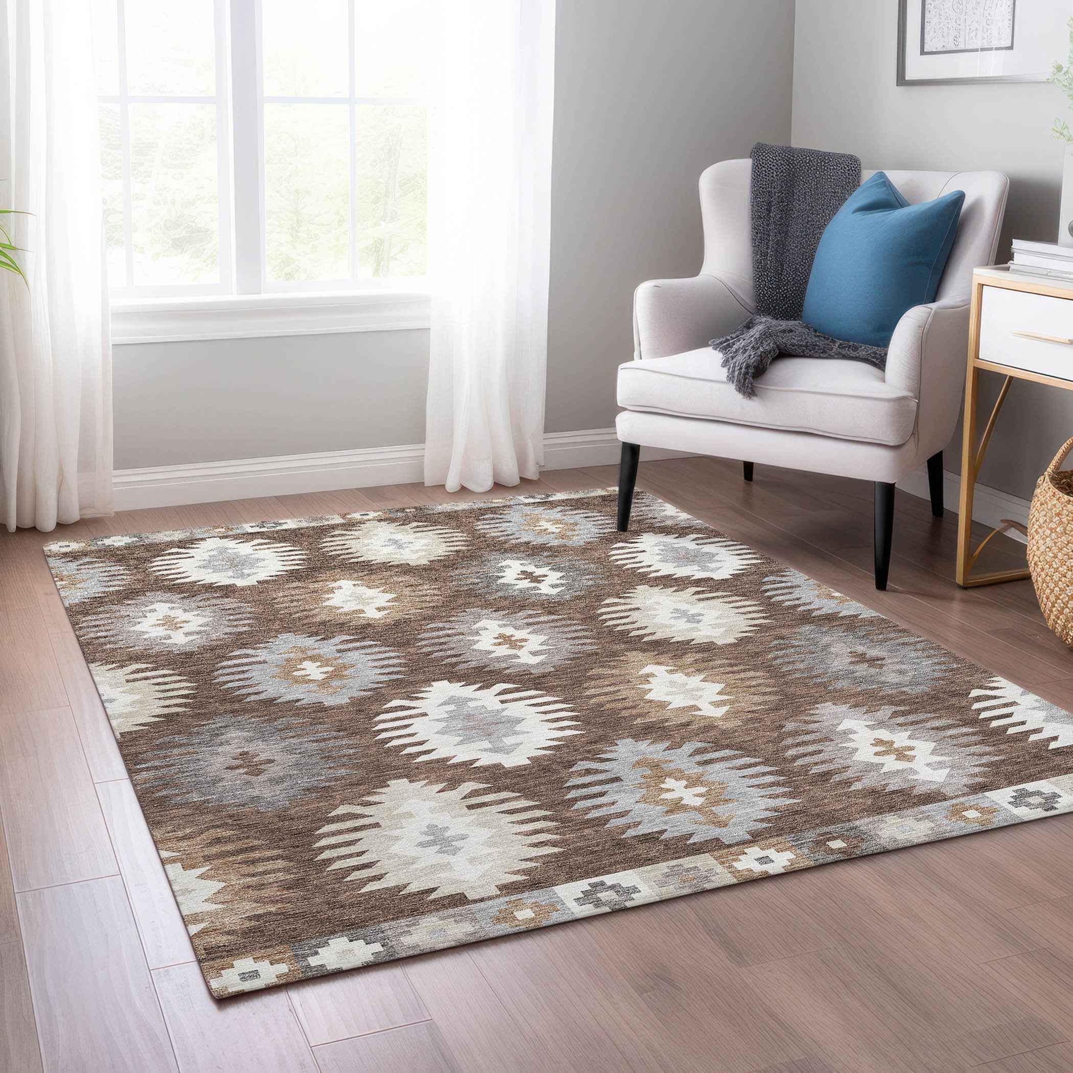 3' X 5' Brown Ivory And Taupe Southwestern Washable Indoor Outdoor Area Rug