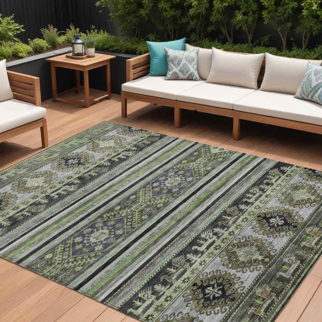 10' X 14' Fern Green Taupe And Ivory Tribal Washable Indoor Outdoor Area Rug