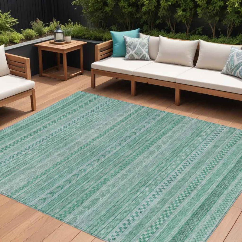 9' X 12' Turquoise And Aqua Striped Washable Indoor Outdoor Area Rug