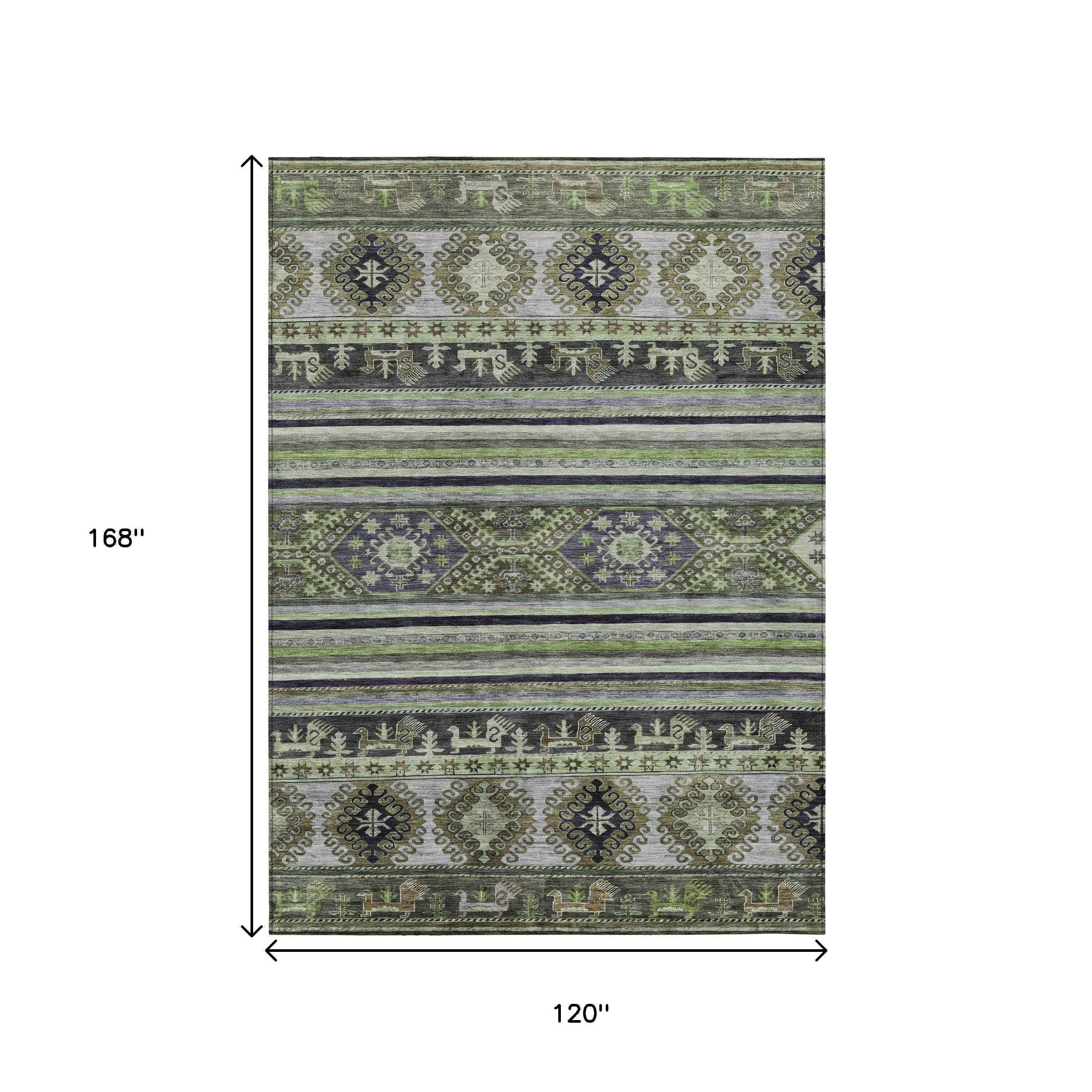 10' X 14' Fern Green Taupe And Ivory Tribal Washable Indoor Outdoor Area Rug