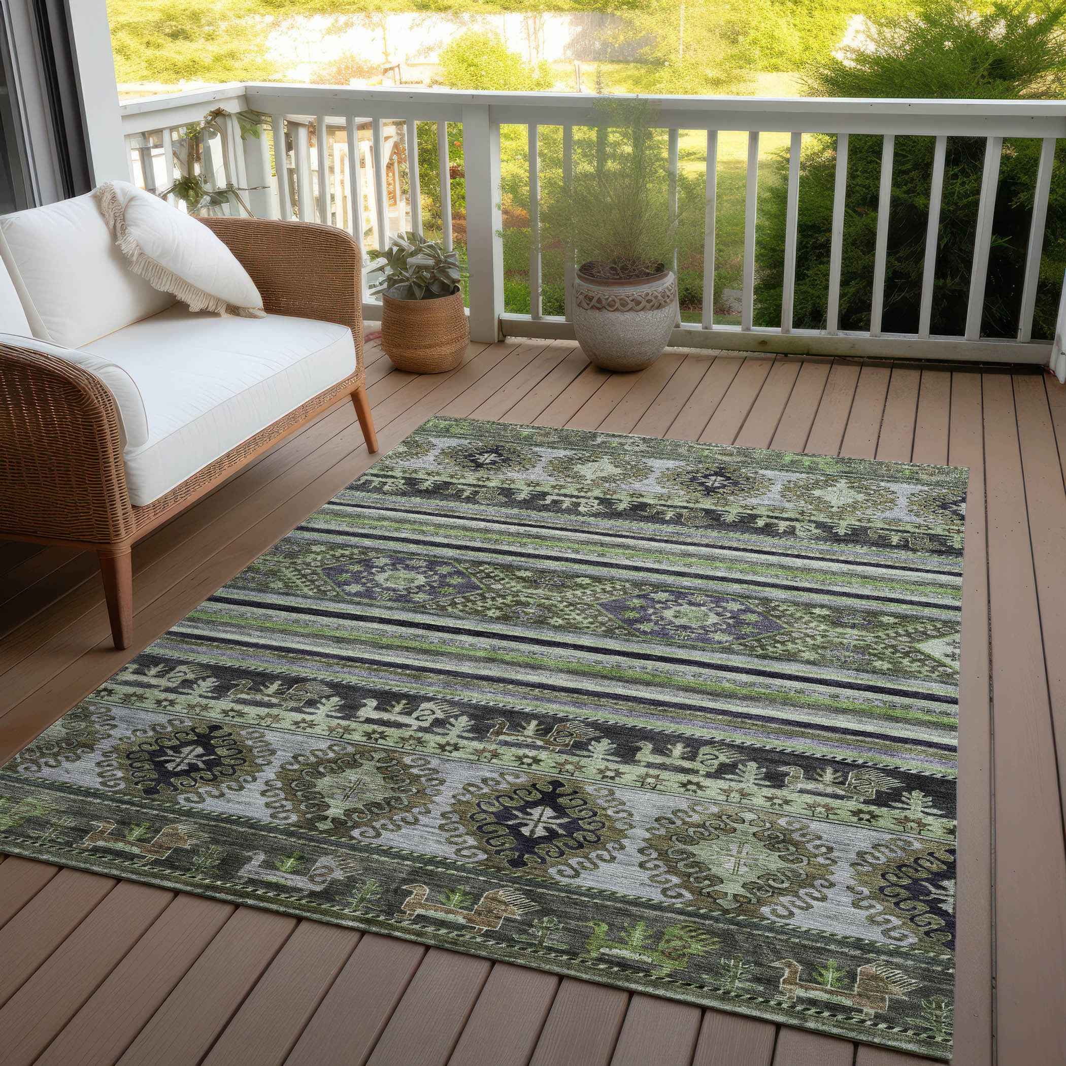 10' X 14' Fern Green Taupe And Ivory Tribal Washable Indoor Outdoor Area Rug