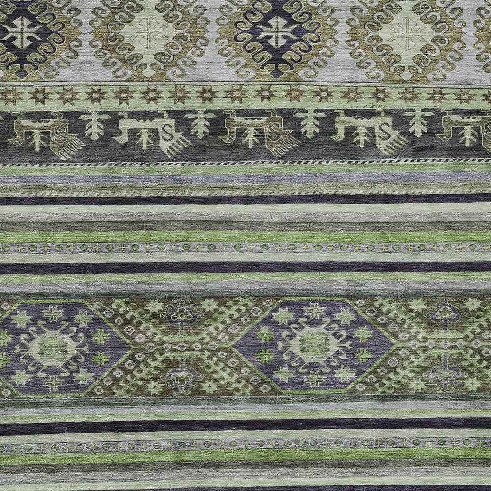 10' X 14' Fern Green Taupe And Ivory Tribal Washable Indoor Outdoor Area Rug