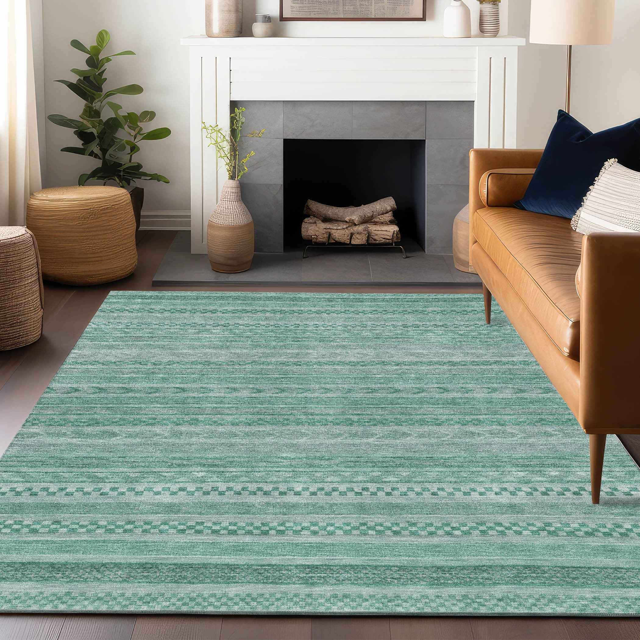 9' X 12' Turquoise And Aqua Striped Washable Indoor Outdoor Area Rug