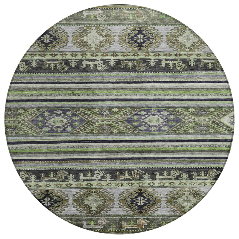 8' Fern Green Taupe And Ivory Round Tribal Washable Indoor Outdoor Area Rug