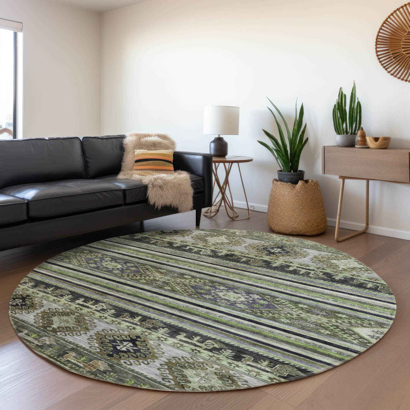 8' Fern Green Taupe And Ivory Round Tribal Washable Indoor Outdoor Area Rug