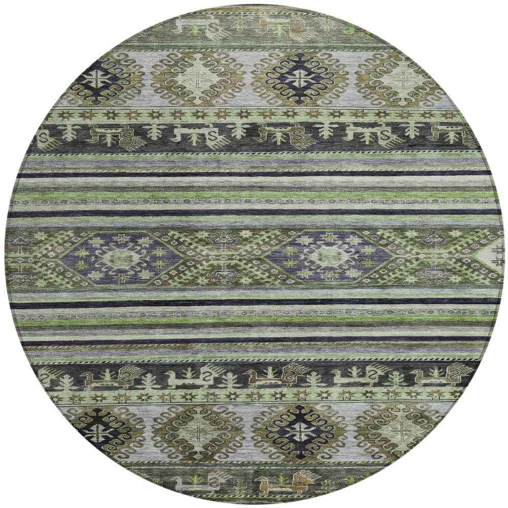 8' Fern Green Taupe And Ivory Round Tribal Washable Indoor Outdoor Area Rug