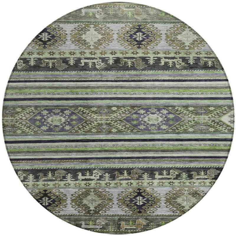 8' Fern Green Taupe And Ivory Round Tribal Washable Indoor Outdoor Area Rug