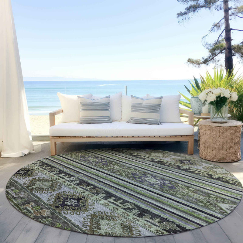 8' Fern Green Taupe And Ivory Round Tribal Washable Indoor Outdoor Area Rug