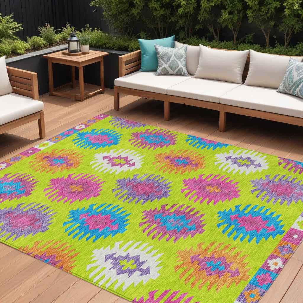 8' X 10' Lime Green Pink And Purple Southwestern Washable Indoor Outdoor Area Rug