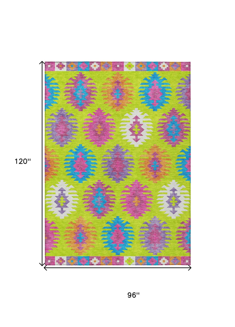 8' X 10' Lime Green Pink And Purple Southwestern Washable Indoor Outdoor Area Rug