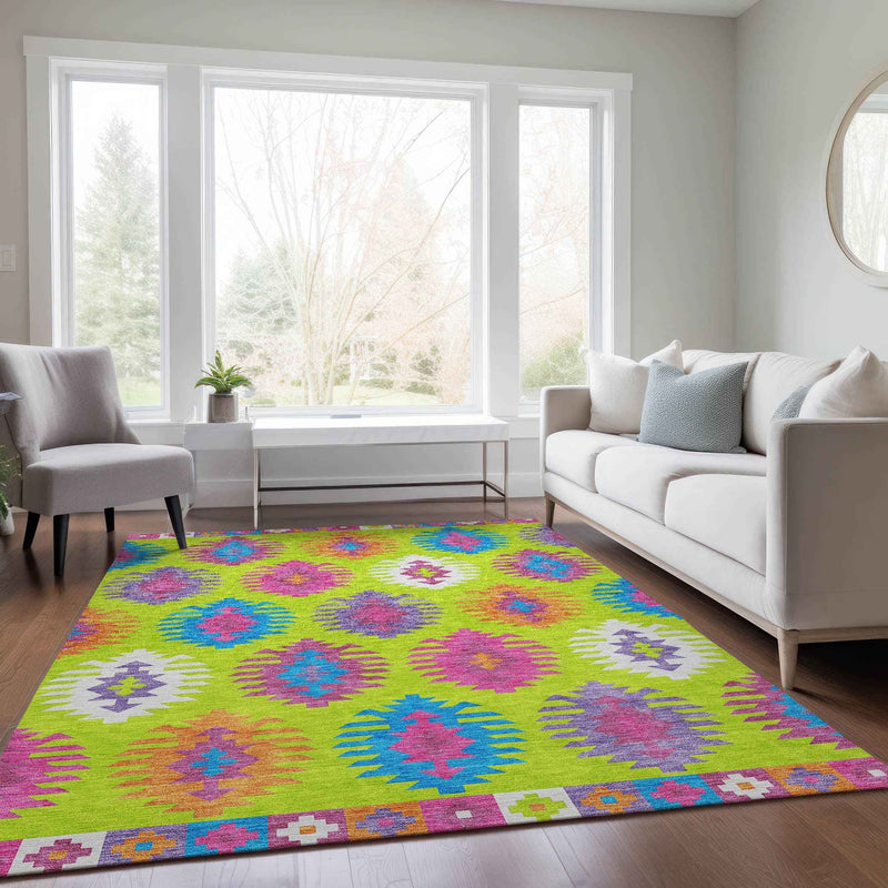 8' X 10' Lime Green Pink And Purple Southwestern Washable Indoor Outdoor Area Rug