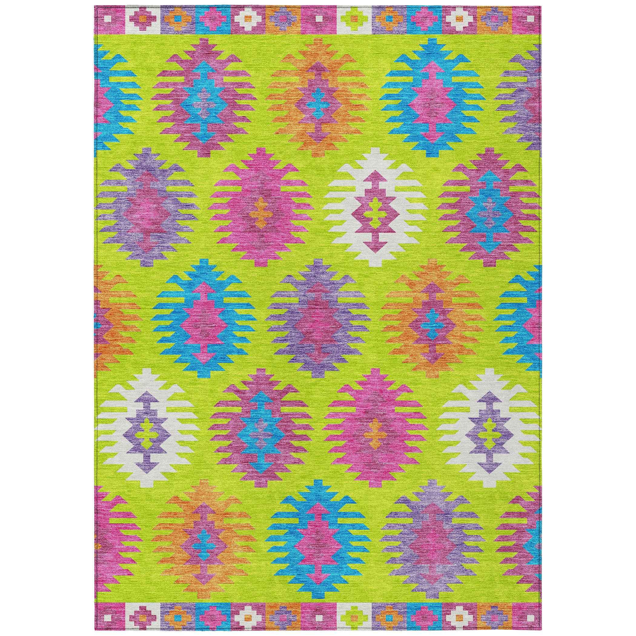 8' X 10' Lime Green Pink And Purple Southwestern Washable Indoor Outdoor Area Rug