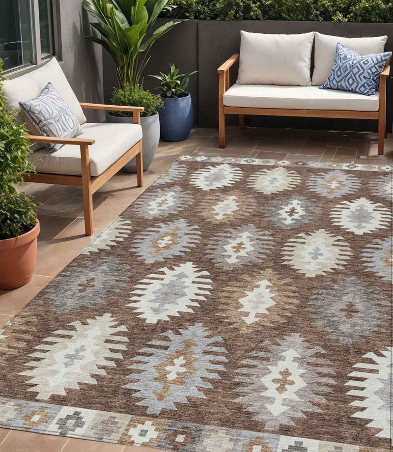 5' X 8' Brown Ivory And Taupe Southwestern Washable Indoor Outdoor Area Rug