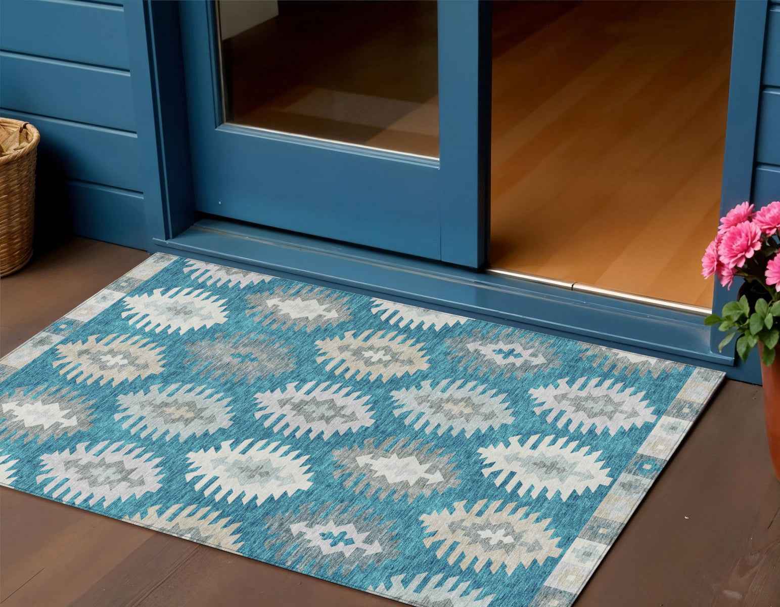 3' X 5' Teal Blue Ivory And Gray Southwestern Washable Indoor Outdoor Area Rug