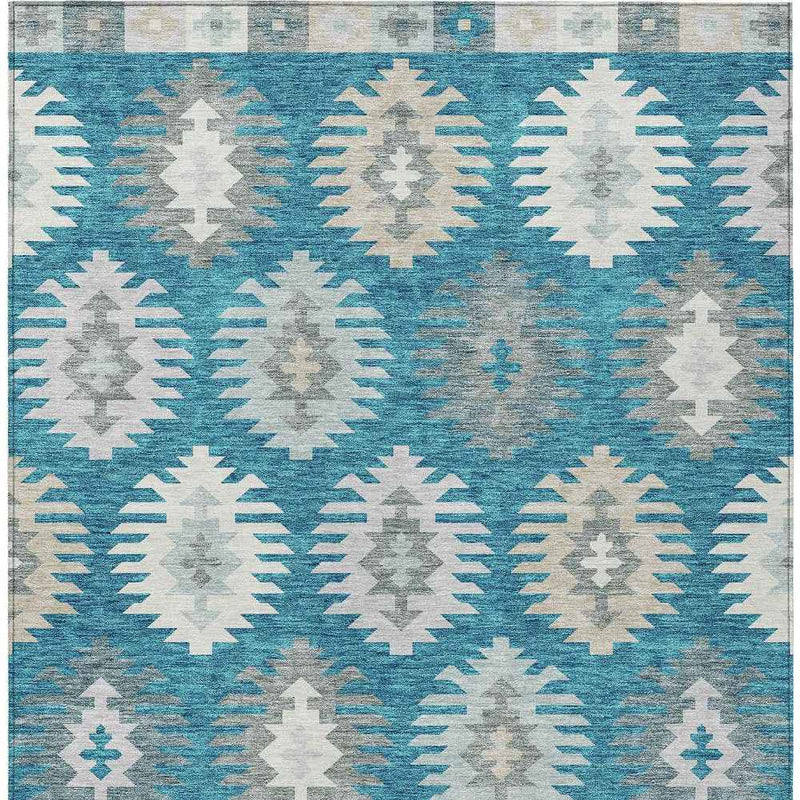 3' X 5' Teal Blue Ivory And Gray Southwestern Washable Indoor Outdoor Area Rug