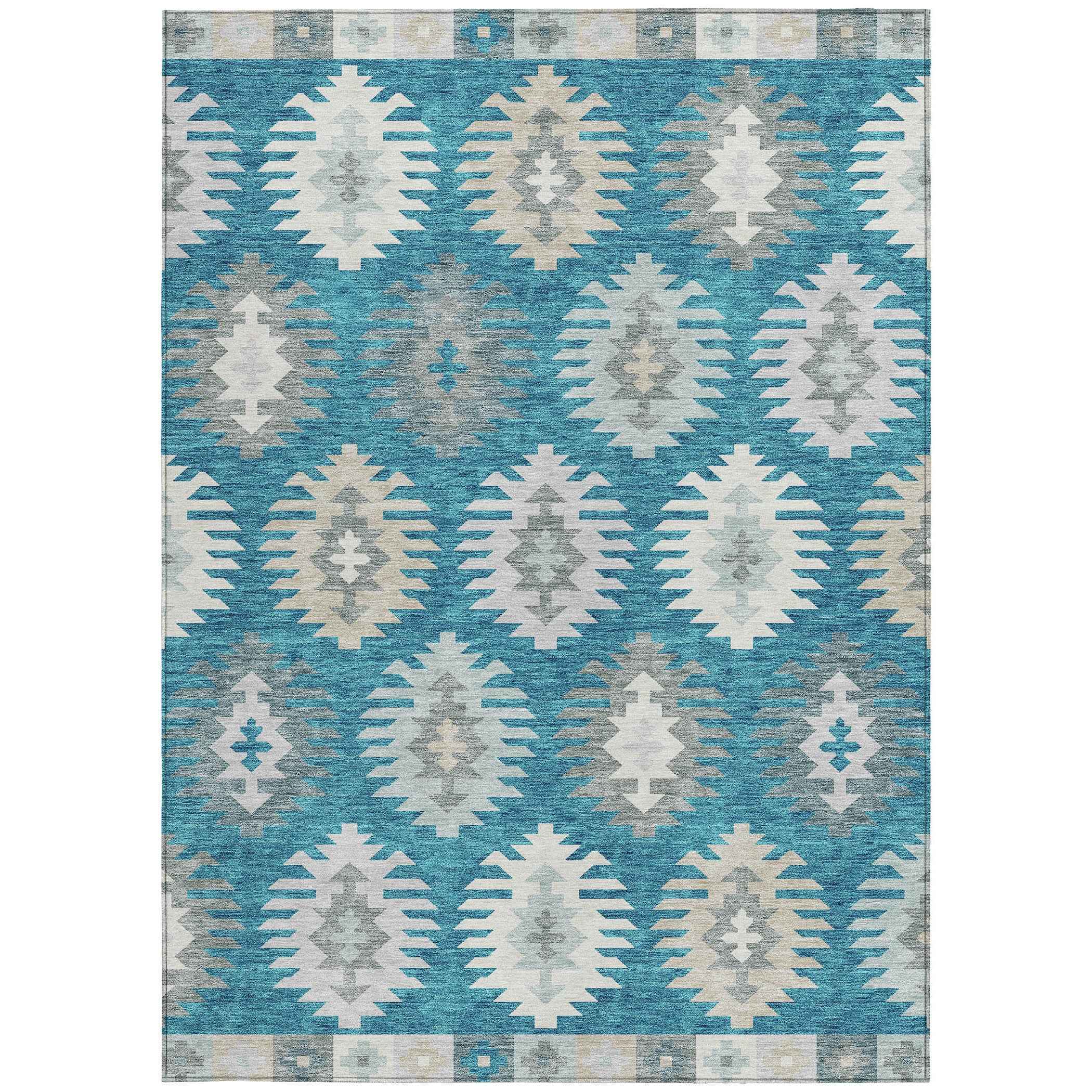 3' X 5' Teal Blue Ivory And Gray Southwestern Washable Indoor Outdoor Area Rug