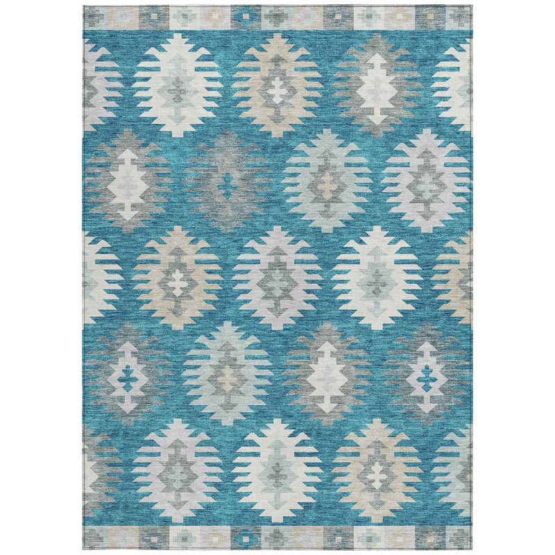 3' X 5' Teal Blue Ivory And Gray Southwestern Washable Indoor Outdoor Area Rug