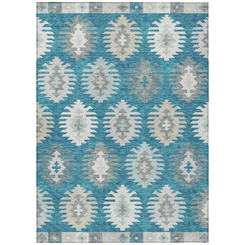 3' X 5' Teal Blue Ivory And Gray Southwestern Washable Indoor Outdoor Area Rug
