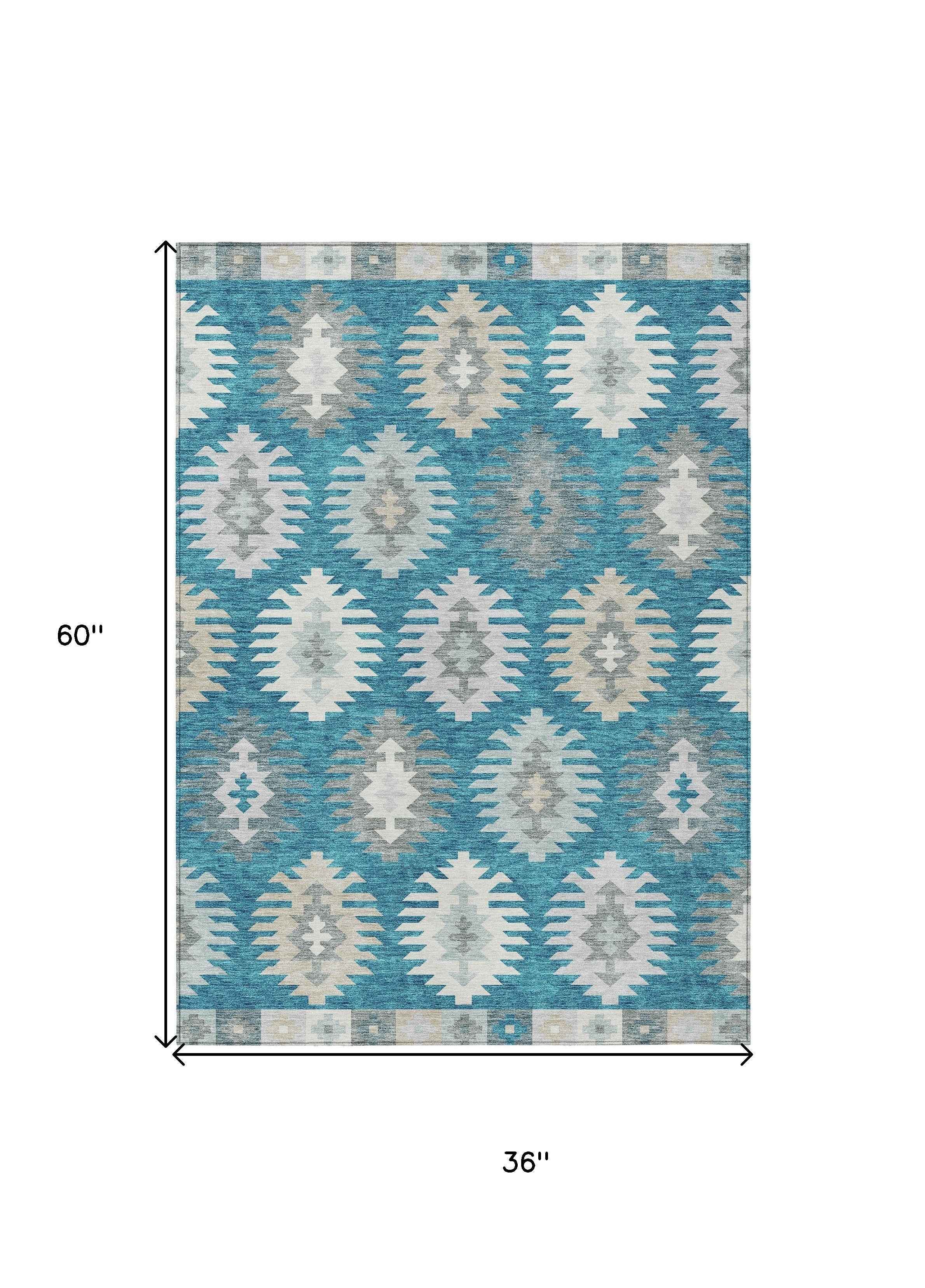 3' X 5' Teal Blue Ivory And Gray Southwestern Washable Indoor Outdoor Area Rug