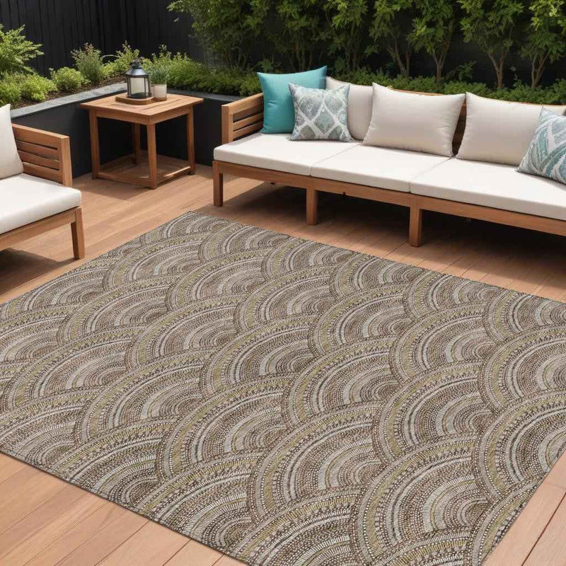10' X 14' Brown Beige And Taupe Geometric Washable Indoor Outdoor Area Rug