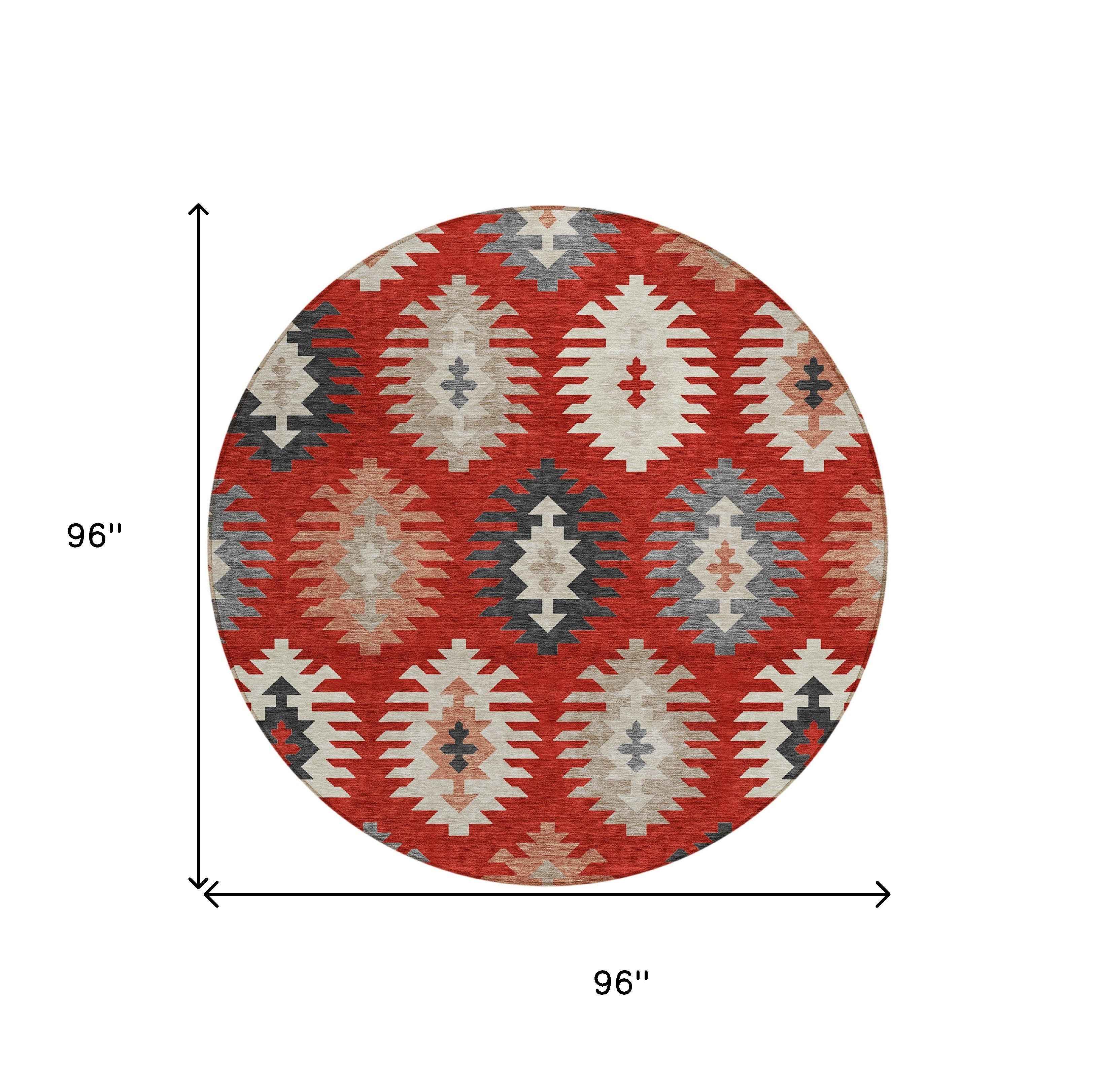 8' Red Ivory And Salmon Round Southwestern Washable Indoor Outdoor Area Rug