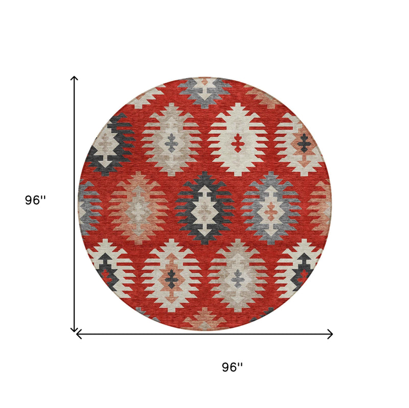 8' Red Ivory And Salmon Round Southwestern Washable Indoor Outdoor Area Rug