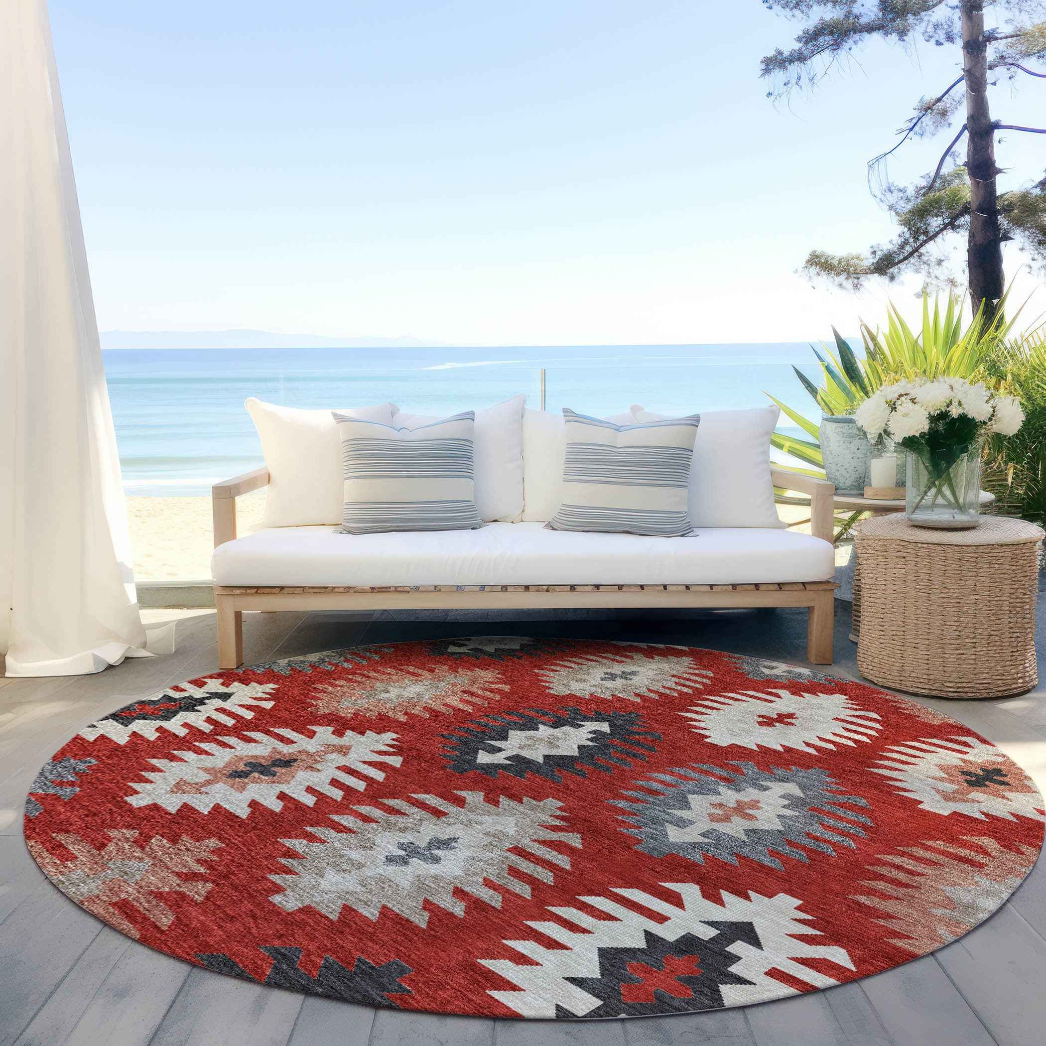 8' Red Ivory And Salmon Round Southwestern Washable Indoor Outdoor Area Rug