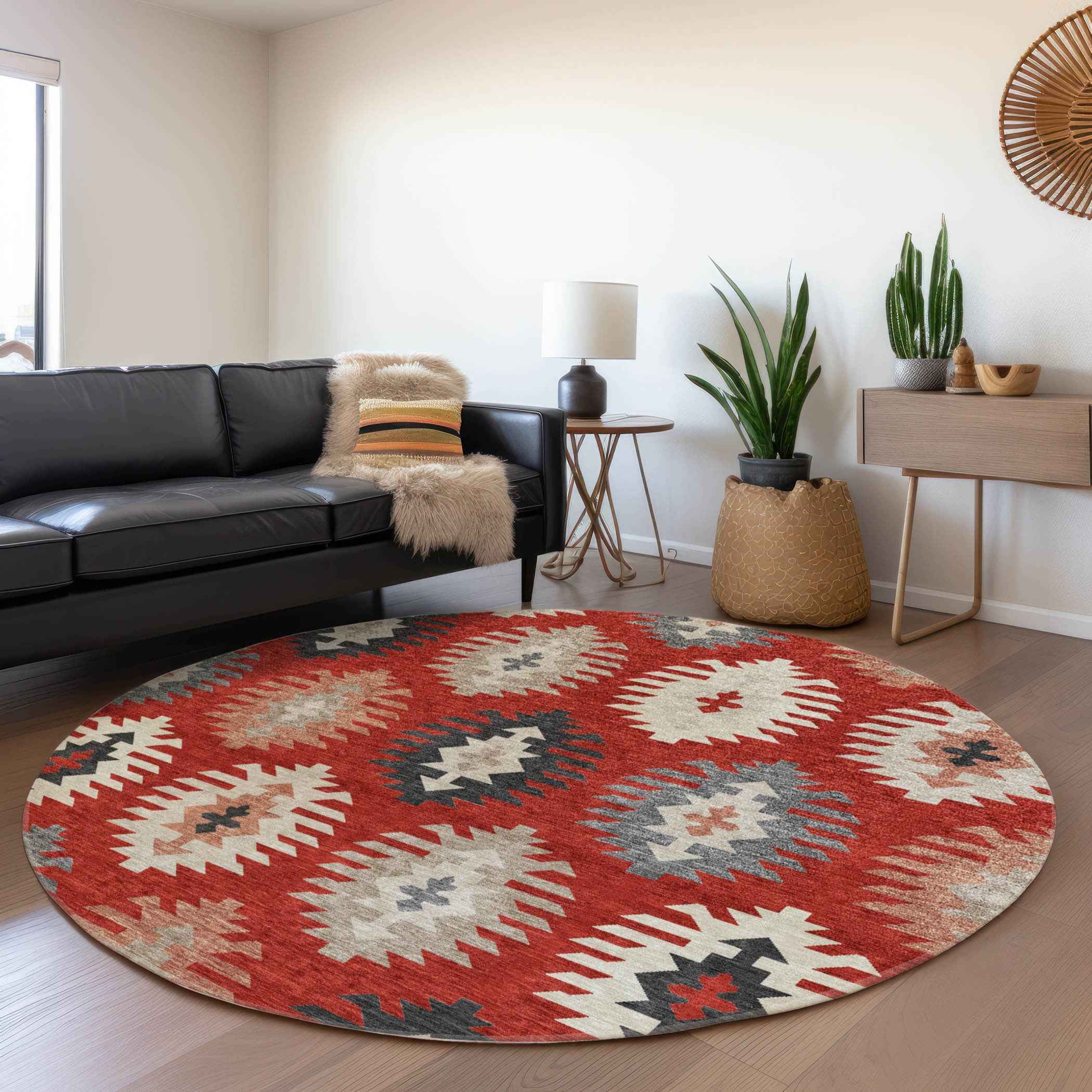 8' Red Ivory And Salmon Round Southwestern Washable Indoor Outdoor Area Rug