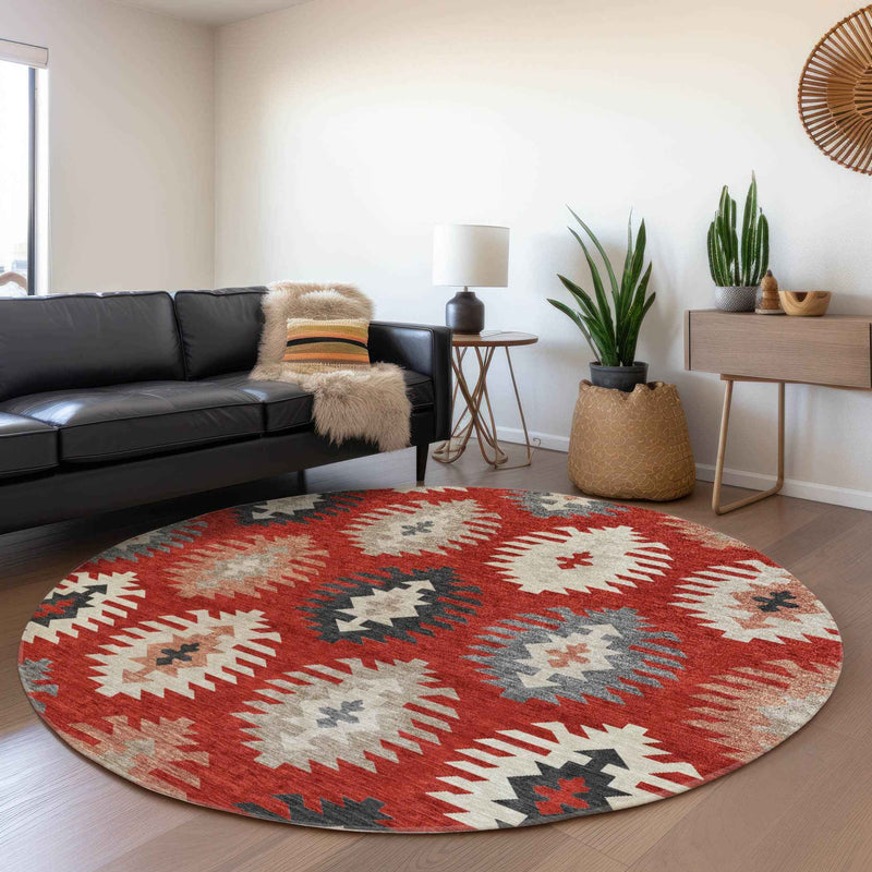 8' Red Ivory And Salmon Round Southwestern Washable Indoor Outdoor Area Rug