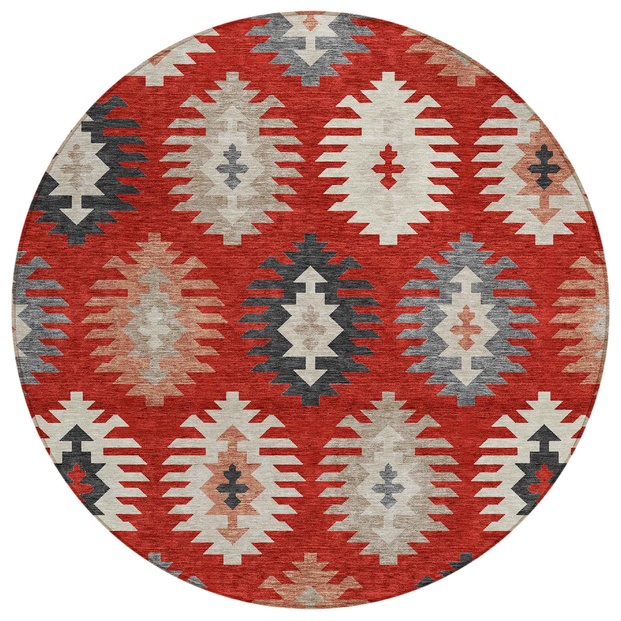 8' Red Ivory And Salmon Round Southwestern Washable Indoor Outdoor Area Rug