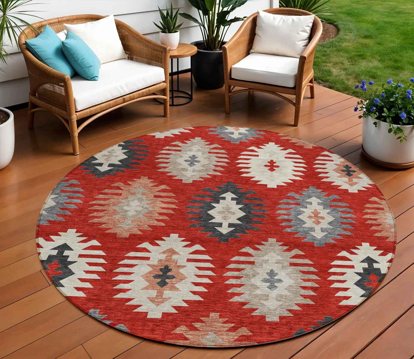 8' Red Ivory And Salmon Round Southwestern Washable Indoor Outdoor Area Rug