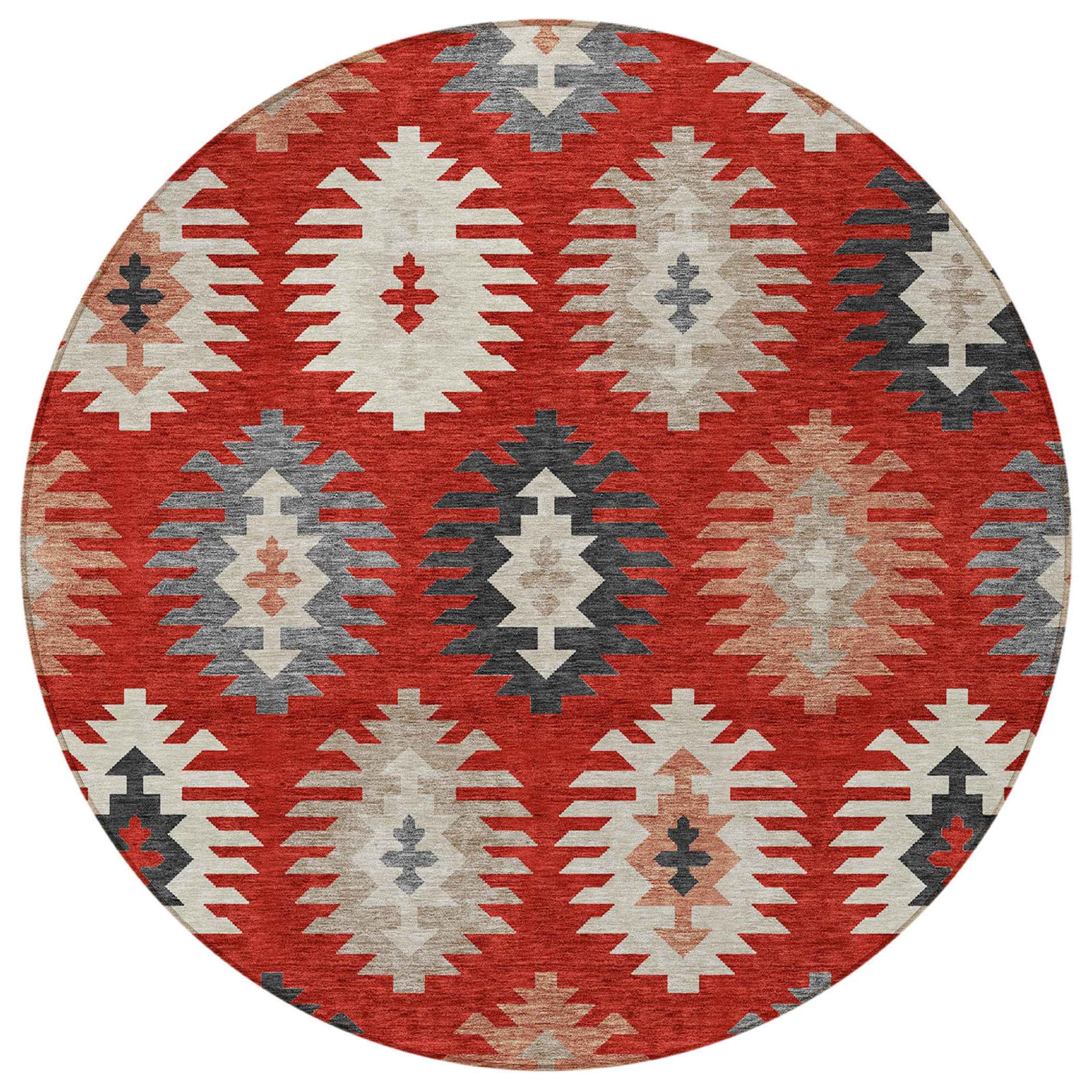8' Red Ivory And Salmon Round Southwestern Washable Indoor Outdoor Area Rug