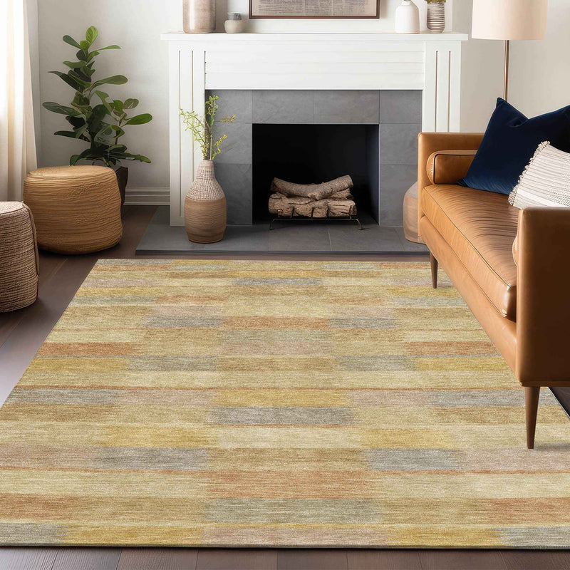 9' X 12' Wheat Beige And Gold Striped Washable Indoor Outdoor Area Rug