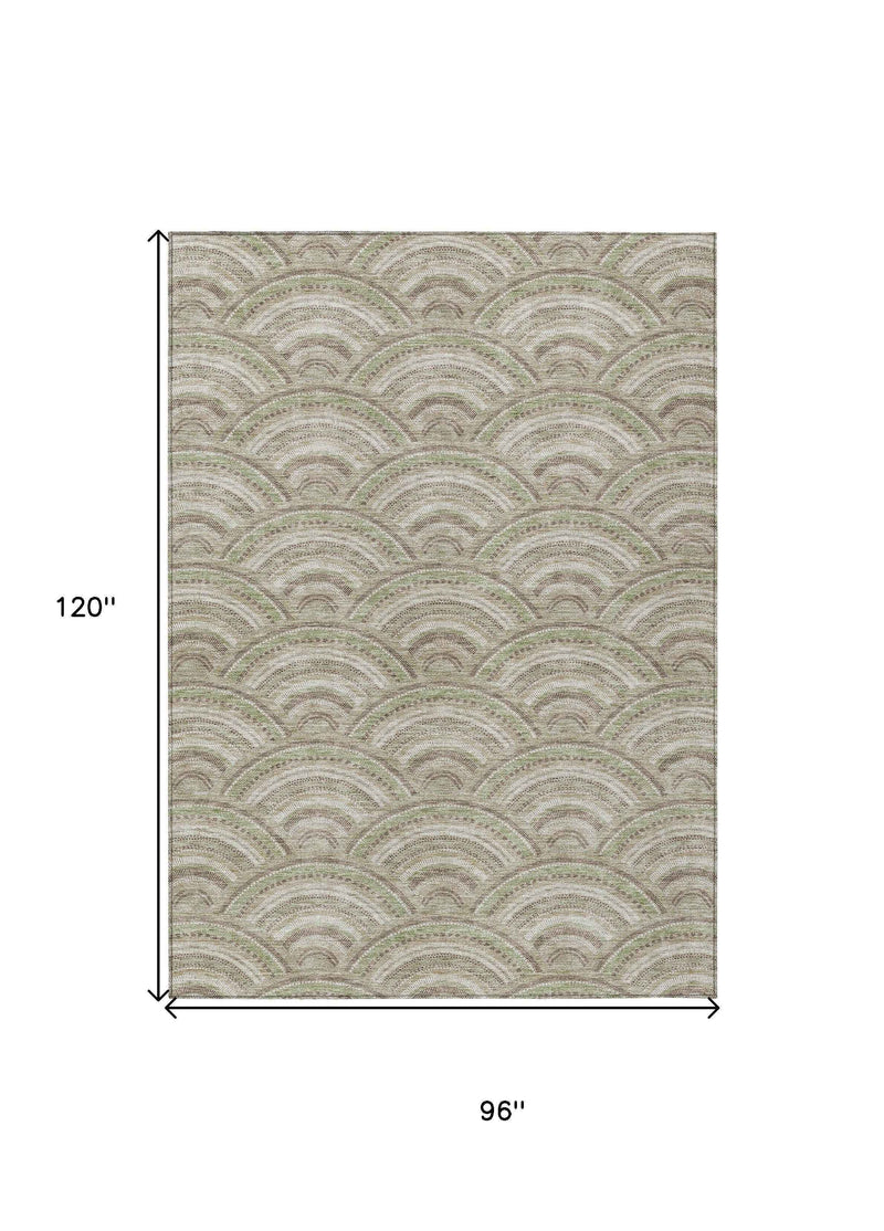 8' X 10' Taupe Fern Green And Ivory Geometric Washable Indoor Outdoor Area Rug