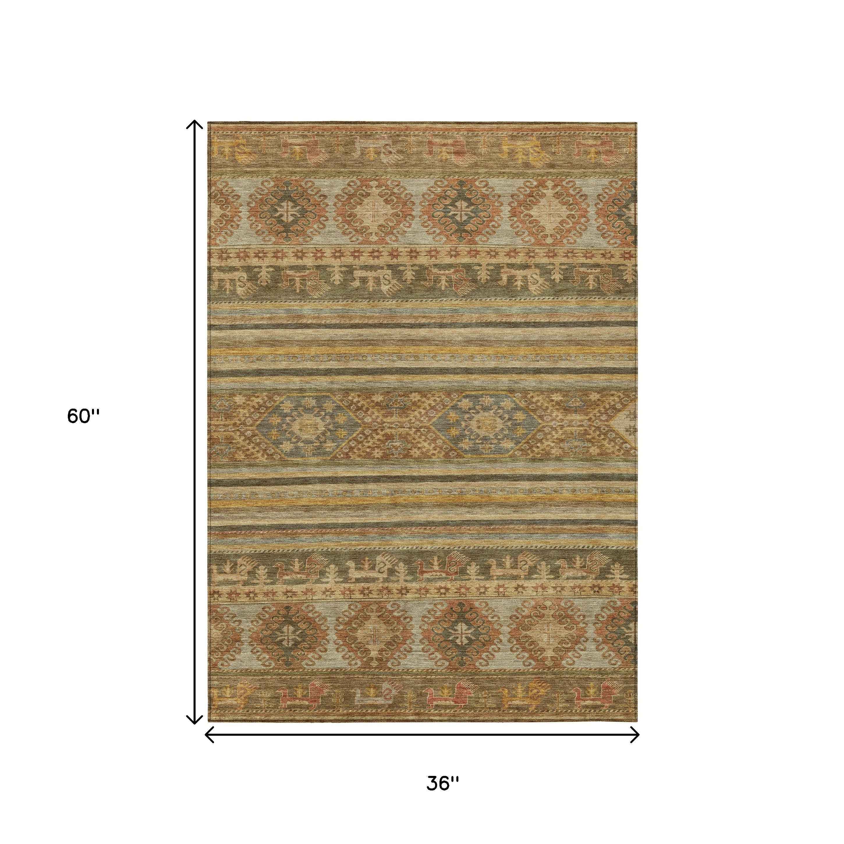 3' X 5' Beige Taupe And Gold Tribal Washable Indoor Outdoor Area Rug