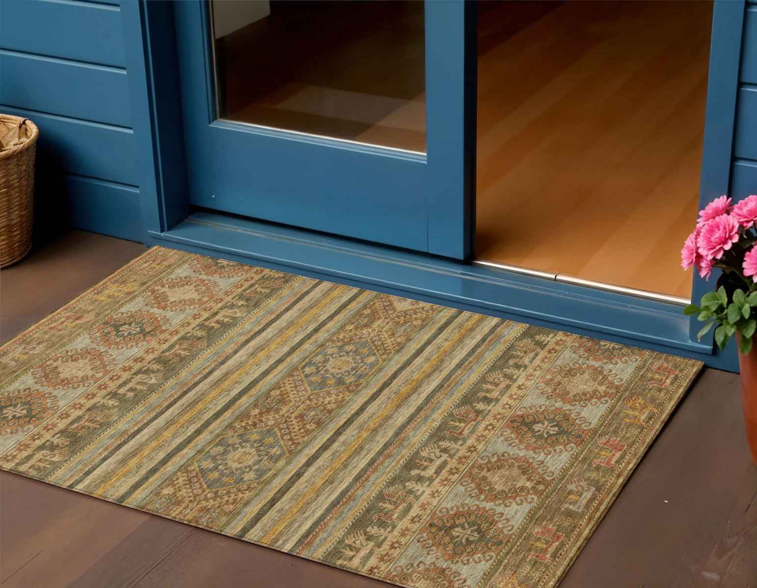 3' X 5' Beige Taupe And Gold Tribal Washable Indoor Outdoor Area Rug