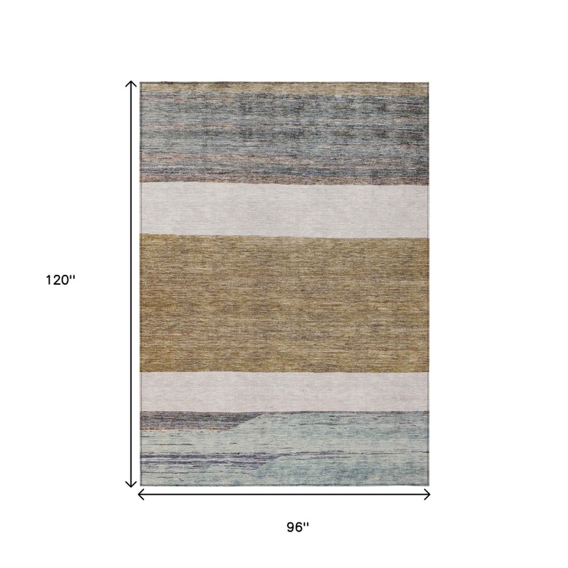 8' X 10' Brown Ivory And Blue Abstract Washable Indoor Outdoor Area Rug
