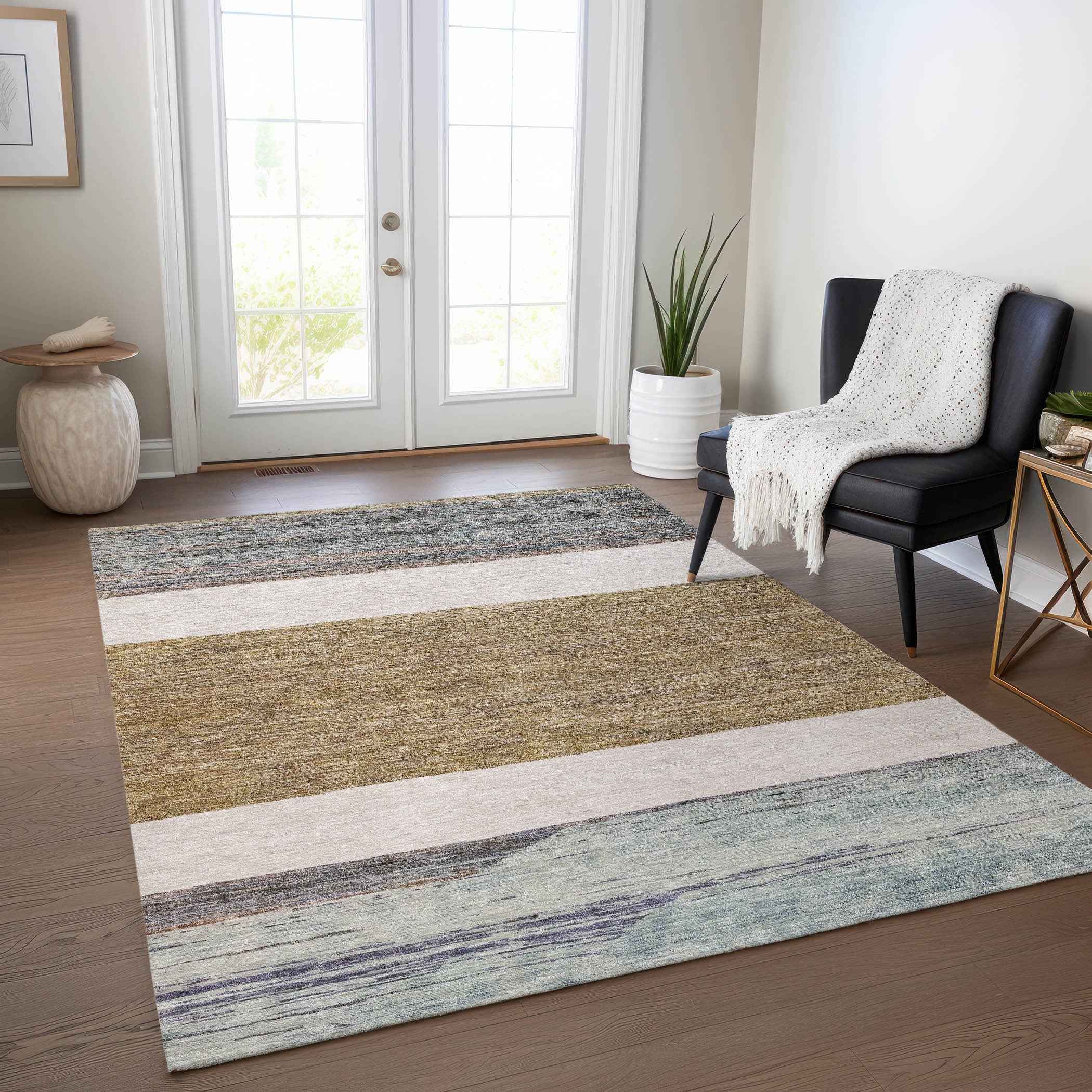 9' X 12' Brown Ivory And Blue Abstract Washable Indoor Outdoor Area Rug