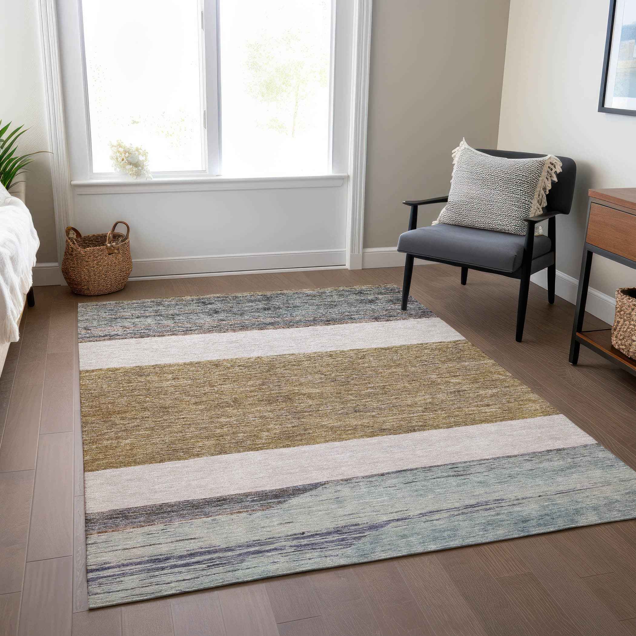 9' X 12' Brown Ivory And Blue Abstract Washable Indoor Outdoor Area Rug