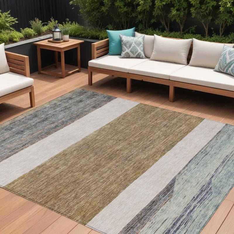 9' X 12' Brown Ivory And Blue Abstract Washable Indoor Outdoor Area Rug